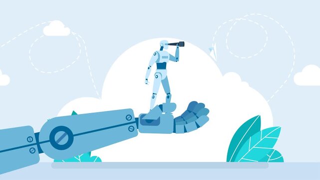 A robotic hand holds a robot looking into a telescope. Self-development of robots and their systems. Harm of artificial intelligence to itself. AI. The robot arm close-up. 2d flat animation
