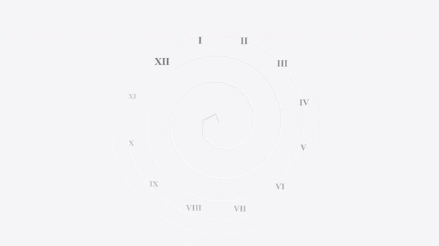 Abstract white spiral roman numeral clock dial