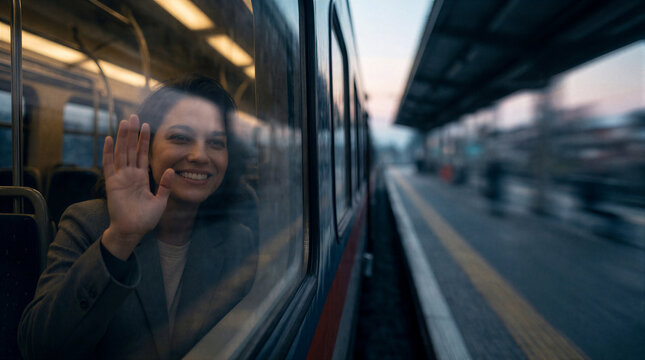 Train window reflection showing a smiling woman waving warmly from inside a passenger carriage at a station platform