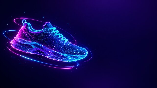 Futuristic glowing neon running shoe designed with digital particle effects. black friday shopping footwear particle technology abstract athletic performance. black friday shopping