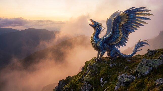 Majestic Blue Feathered Dragon on Mountain Peak at Sunrise