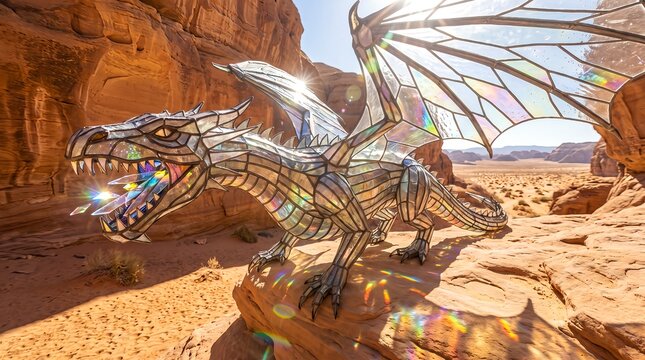 Iridescent Crystal Dragon Spreading Wings in Desert Canyon