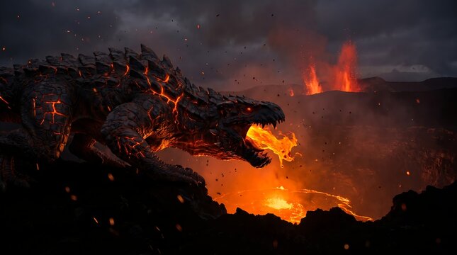 Dark Lava Dragon Breathing Fire in Volcanic Landscape