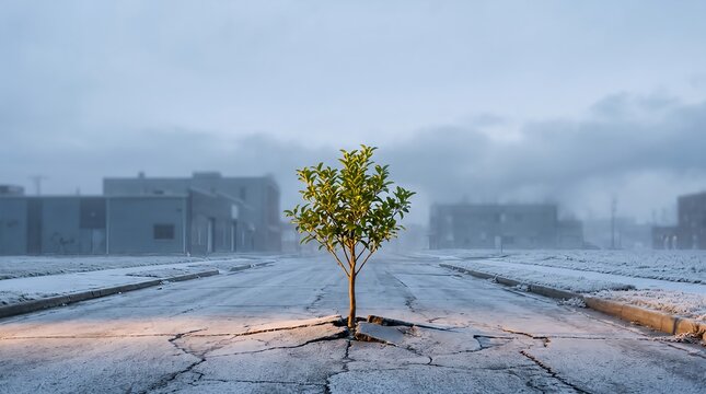 Young Green Tree Growing Through Cracked Asphalt in Snowy City