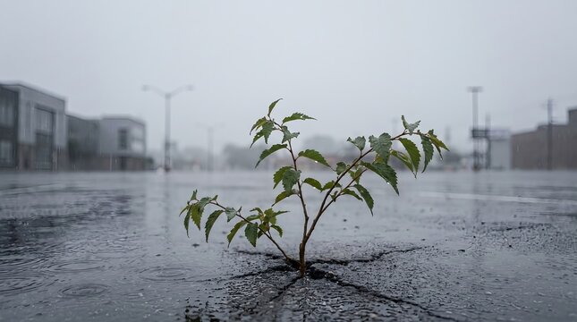 Small Green Plant Growing Through Wet Asphalt in the Rain
