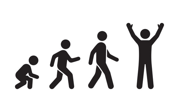 Black silhouette icons showing human growth stages from crawling baby to standing adult