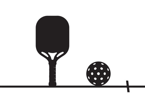 Black silhouette of a pickleball paddle and a ball isolated on a clean white background