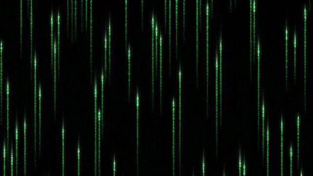 Matrix style raining green digital binary code on dark background computer