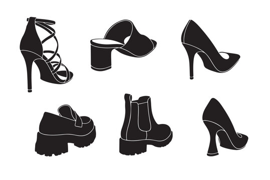 Black silhouettes of various fashion shoes isolated on a clean white background set