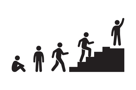 Black silhouette of a person growing and climbing stairs to reach success and victory