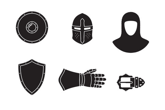 Set of black medieval knight armor silhouettes isolated on a clean white background