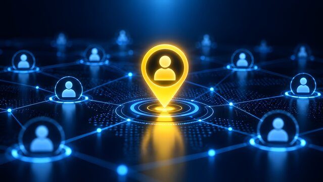 Digital human resources recruitment and networking concept with a glowing yellow location pin highlighting a candidate icon within a blue connected social network grid background.