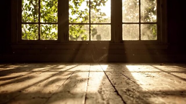 Sunbeams shift across a rustic wooden floor in an empty room with leafy trees visible through windows. Natural light and indoor atmosphere. Quiet home interior. Warm sunlight and dust motes.