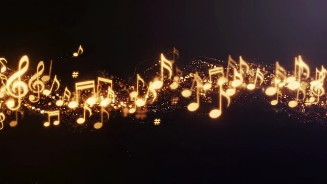 Glowing golden musical notes and symbols flow across a dark background. Music, sound and melody concept. Creative audio visualization. Abstract digital animation.