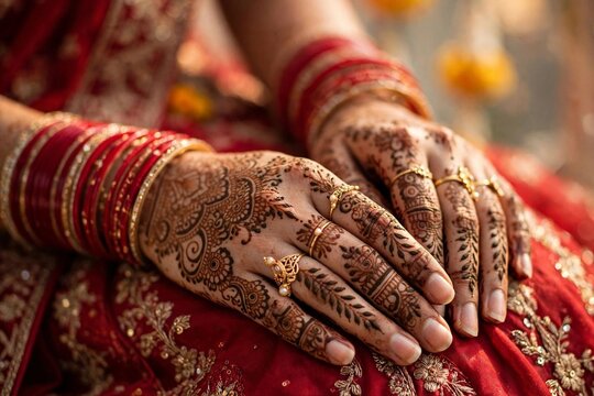 Indian bride hands with intricate henna mehndi design and red bangles