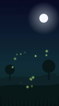 Glowing fireflies flying in a dark forest at night with a bright full moon in the starry sky