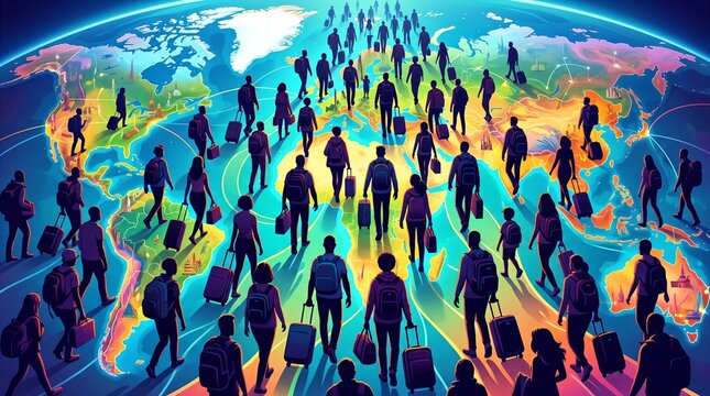 Silhouettes representing talented professionals migrating globally, with colorful world maps positioned, illustrating talent mobility, globalization, international workforce etc