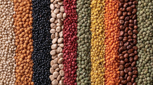 Assorted legumes and pulses arranged in vertical stripes, colorful dried beans and lentils texture.