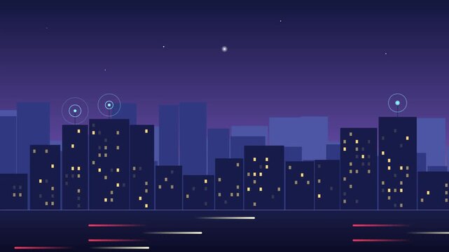 Modern city skyline at night with glowing windows and communication towers under a starry sky