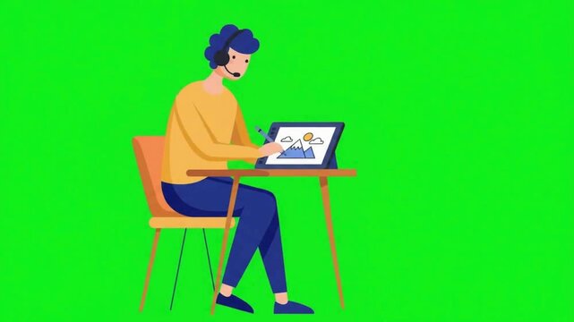 Artist at work on green screen background, flat vector style