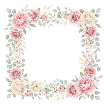 Elegant square botanical watercolor frame adorned with hand-painted dusty pink roses, creamy ranunculus flowers, soft green leaves, and tiny delicate blossoms surrounding a clean white centr