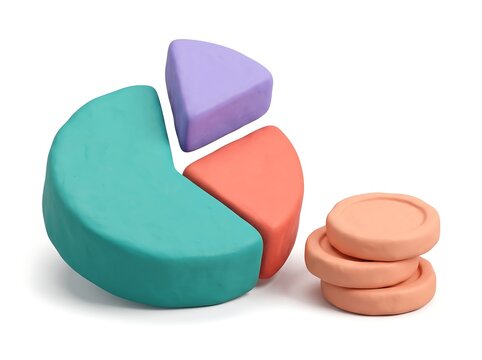 Bold 3D Clay Pie Chart with Teal Coral Lavender Segments and Peach Coins