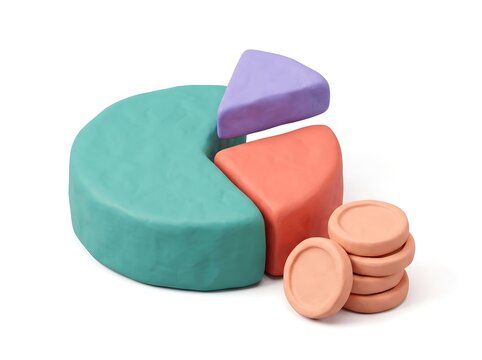Bold 3D Clay Pie Chart with Teal Coral Lavender Segments and Peach Coins