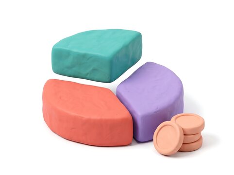 Bold 3D Clay Pie Chart with Teal Coral Lavender Segments and Peach Coins