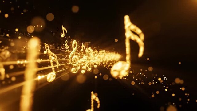 Golden musical notes stream across a dark abstract background. Music and sound concept. Creative audio visualization. Artistic motion graphics.