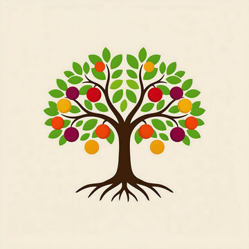 Stylized fruit tree illustration with colorful apples and oranges on light
