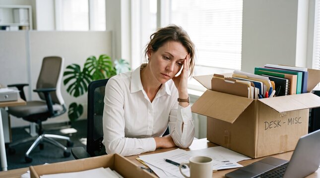 Sad unemployed woman sitting at office desk looking down with packing box of personal items after job loss