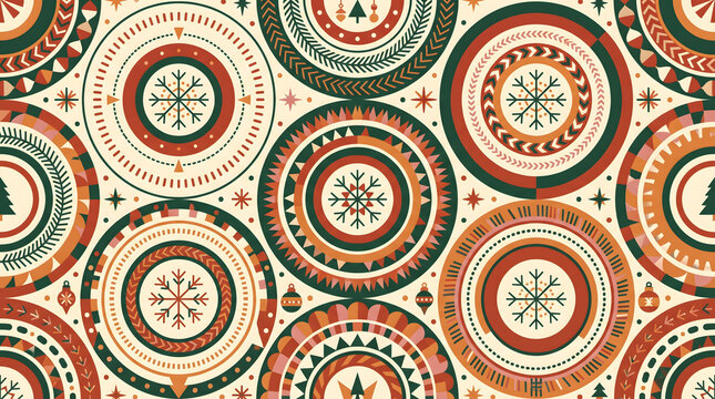 Retro geometric Christmas rosette seamless pattern featuring mandala ornament medallions in warm orange, green, and cream colors.