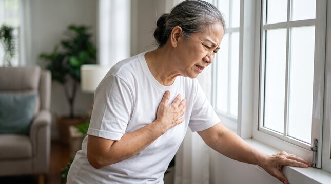 Senior woman suffering from chest pain or heart attack clutching her chest near window at home