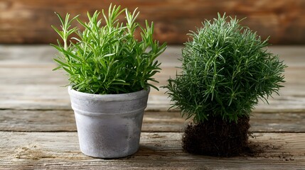 Fototapeta premium Two potted rosemary plants with vibrant green leaves sit on a rustic wooden surface one in a gray pot the other root bound