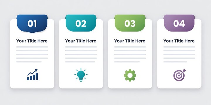 Infographic template, four numbered steps flowchart diagram, business presentation layout with colorful icons, process workflow graphic design elements