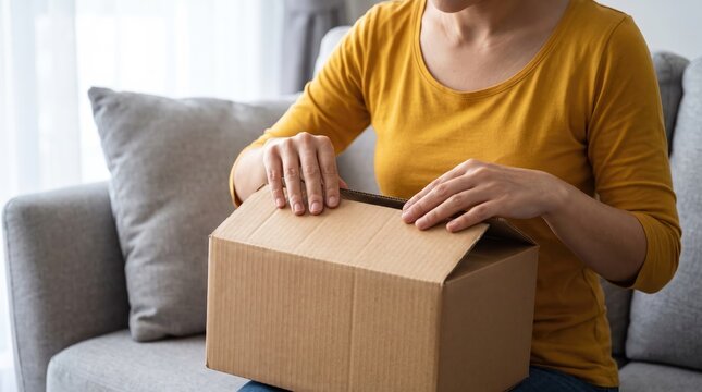 Woman opening a cardboard box parcel delivery package sitting on a living room sofa at home