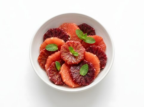 A top-down studio shot of a white ceramic bowl filled with assorted sliced blood oranges in shades of deep red and pink, garnished with fresh green mint leaves on a clean white bac