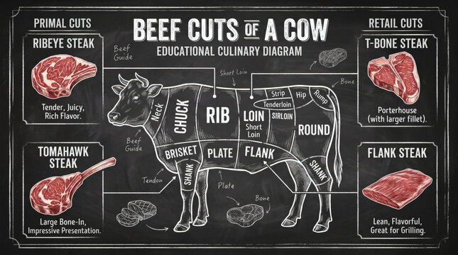 Beef Cuts Butcher Chart with Steak Illustrations on a Framed Chalkboard
