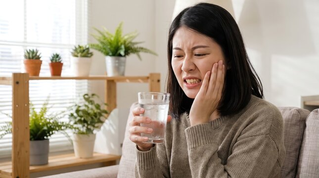 Young woman holding glass of cold water experiencing dental sensitivity toothache pain inside room