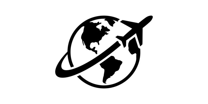 Airplane flying around globe icon for travel and tourism.
