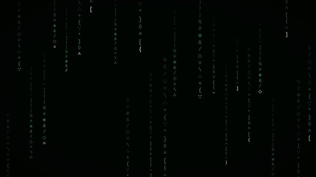 Green abstract code symbols raining down on black digital background