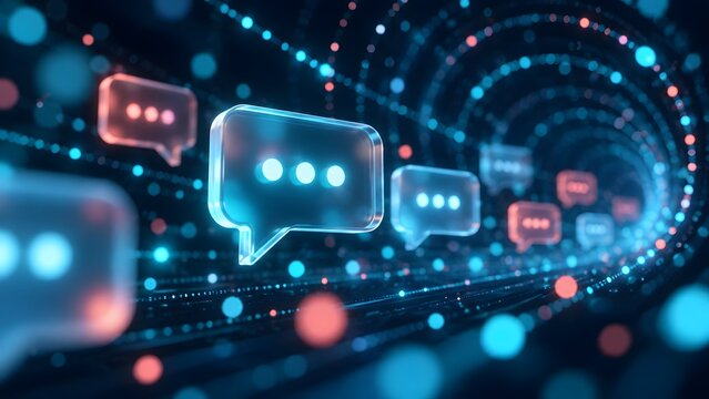 Abstract futuristic background of digital communication and instant messaging featuring glowing glass chat bubbles flowing through a dark data tunnel with bokeh light effects and connectivity.
