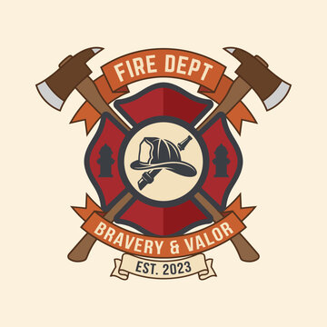 A bold emblem for a fire department, featuring crossed axes and a firefighter helmet, representing bravery, valor, and professional service in firefighting.