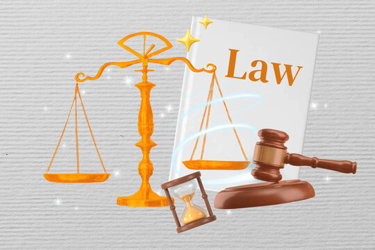 Illustration of scales, gavel, hourglass, and law book on textured background.