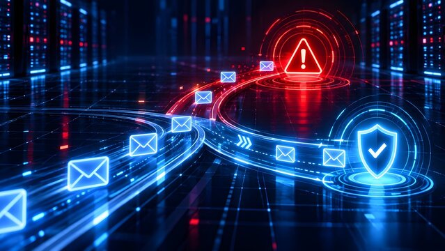 Cybersecurity Data Protection Concept Visualizing Email Filtering Process with Secure Shield and Warning Alert Symbols in a Futuristic High-Tech Server Room Data Center Background