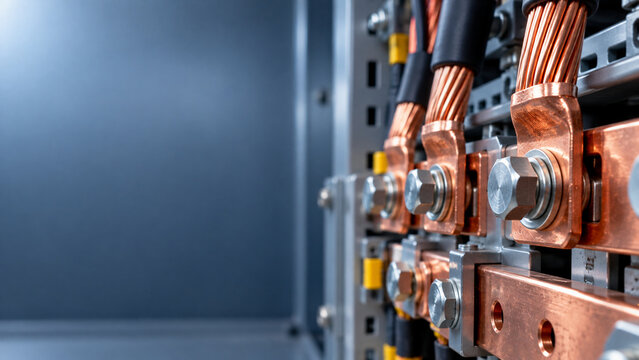 Industrial electrical control panel with heavy copper cables and busbars