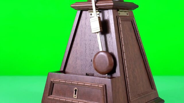 Plain wooden metronome with swinging pendulum rotating on green screen background, chroma key