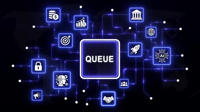 Digital queue management system concept featuring glowing neon and interconnected network nodes for advanced business workflow automation, data processing, artificial intelligence, and corporate