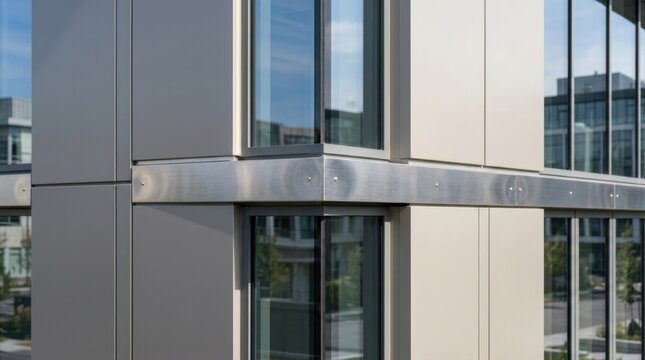 Modern building facade with glass windows and metallic silver panels for contemporary design.