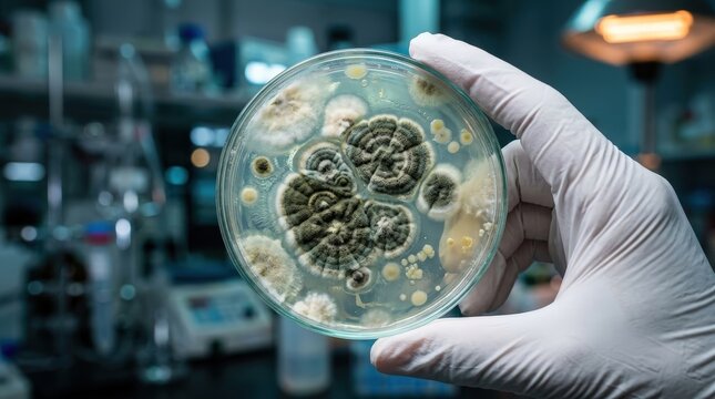 Gloved hand holding petri dish with colorful fungal mold cultures